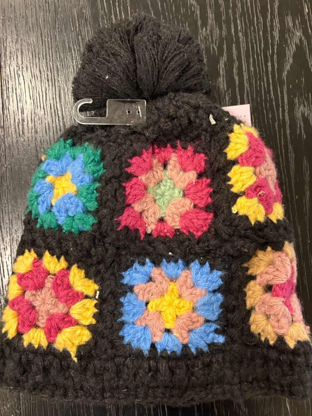 NWT - Crochet Black Knit Pom Pom Beanie Toque with Colorful Granny Squares